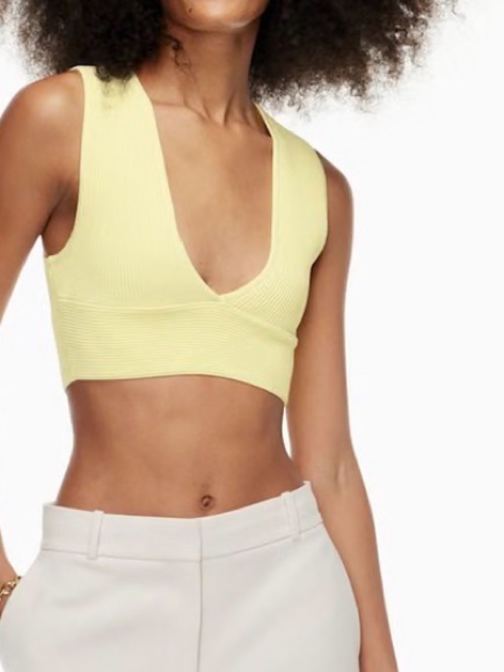 Babaton Pale Yellow Ribbed Sculpt Knit Deep V-Neck Crop Tank